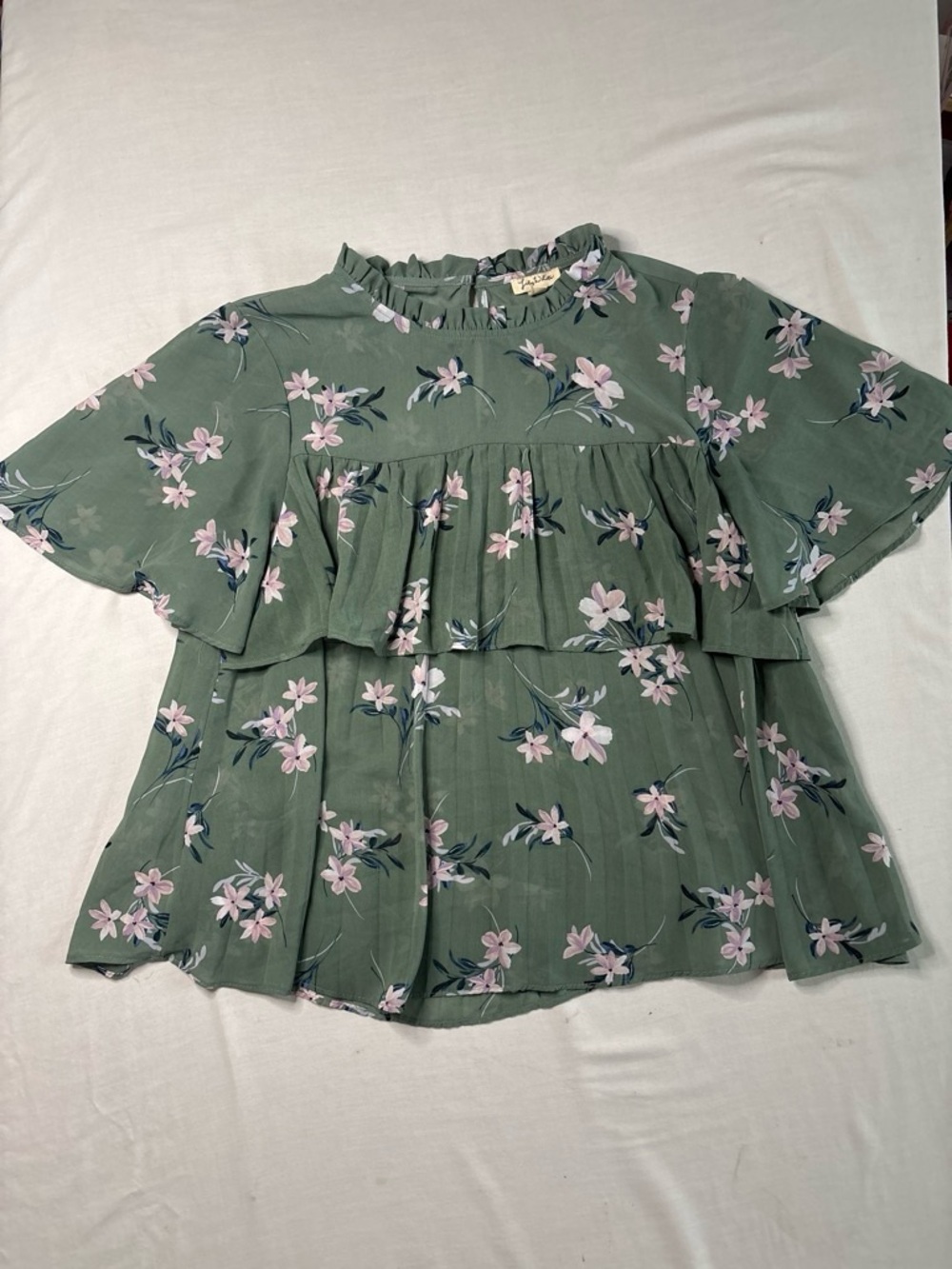 Lily White Sage Green Floral Ruffle Blouse